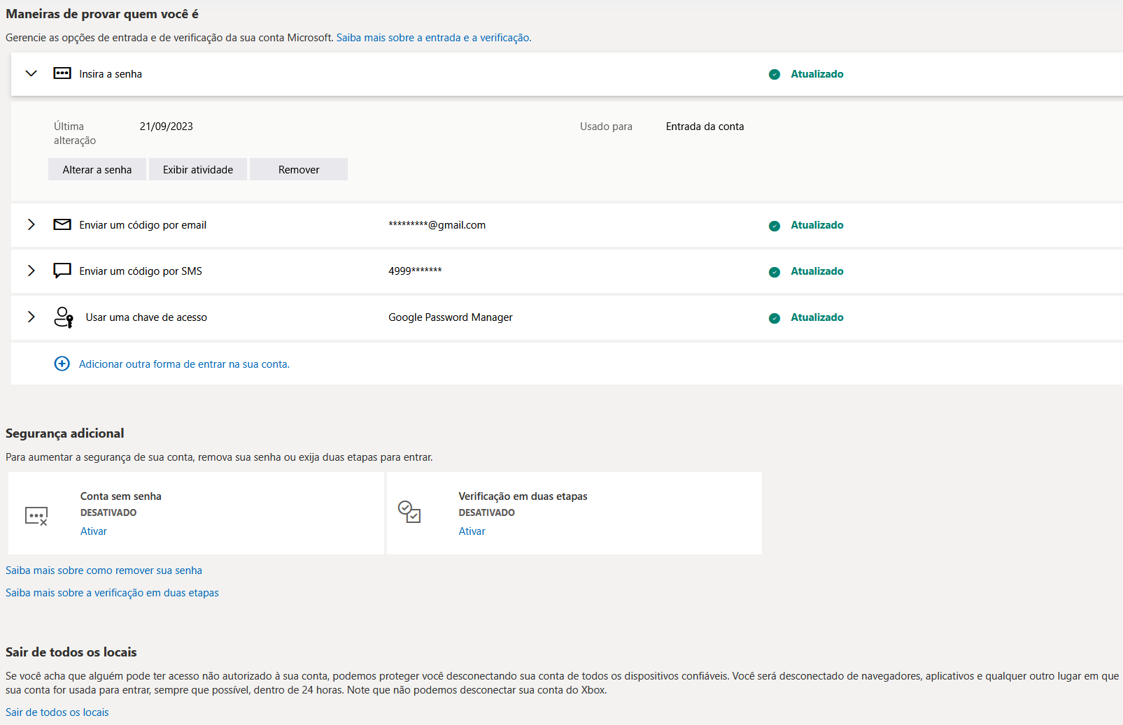 Tela da conta Microsoft com m&eacute;todos de verificação e opções de segurança adicional.